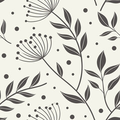 Botanical Pattern: An elegant and minimalist seamless botanical pattern of dark leaves and blossoms on light background, perfect for a variety of design applications. 