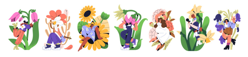 Cute girls with big flowers set. Small young women hug wildflowers, sit on blooming plants with leaves. Tiny people love nature, wild flora. Flat isolated vector illustrations on white background.