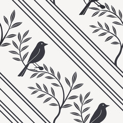 Seamless Bird and Branch Pattern: This image features a repeating pattern of graceful birds perched on leafy branches, interwoven with bold, diagonal stripes.