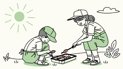 A young boy and girl squatting outdoors, cooking food on a small grill under a shining sun.