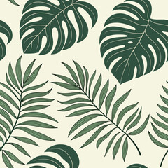 Botanical Serenity: An artistic representation of tropical flora, featuring lush green Monstera and palm leaves, evokes a sense of tranquility and organic design.