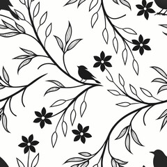 Floral Branch with Bird Ornament: A seamless pattern design featuring elegant floral branches and charming silhouettes of birds, evoking a sense of serenity and natural beauty. 