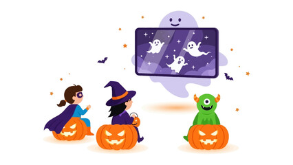 Fototapeta premium Enchanted Halloween Gathering: Halloween scene with a friendly ghost displaying various ghosts, and three kids dressed in imaginative Halloween costumes sit on top of glowing jack-o'-lanterns.
