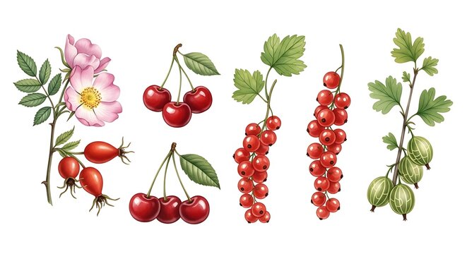 A watercolor illustration of various berries and flowers, including rose hips, cherries, red currants, and gooseberries, on white background - Powered by Adobe