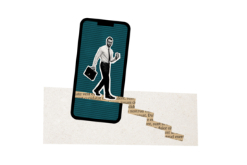 Creative collage picture young successful man going downwards stairs diplomat businessman entrepreneur smartphone screen