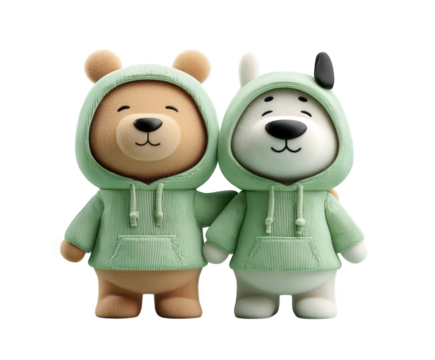 Two cute cartoon plush toys, a bear and a dog, wearing matching green hooded sweatshirts with a striped pattern, standing together and isolated on transparent background