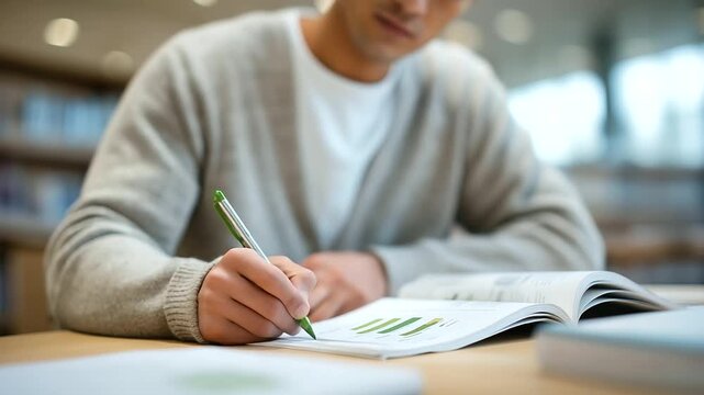 finance student highlighting growth in printed report with green marker learning investing basics soft page turn whisper quiet library ambiance three quarter wide angle cinematic - Powered by Adobe