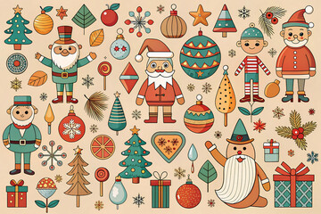 Diverse Collection of Cartoon Christmas Characters and Festive Icons holiday isolated on a transparent background