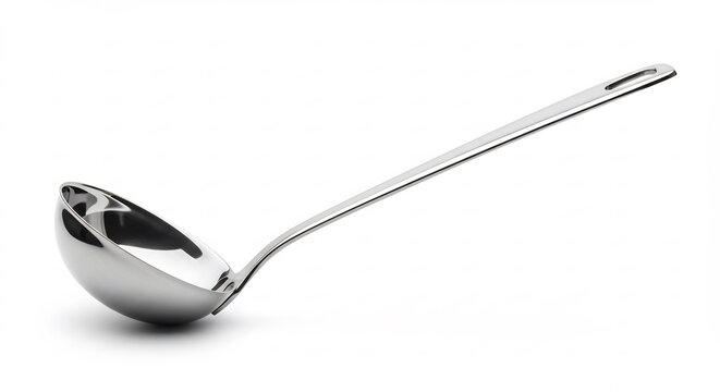 Elegante cucharon metalico de cocina con acabado pulido y estetica limpia ideal para dise&ntilde;os minimalistas sobre blanco brillante.