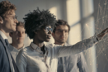 Innovative Team Brainstorming with Futuristic Interactive Data Network Display