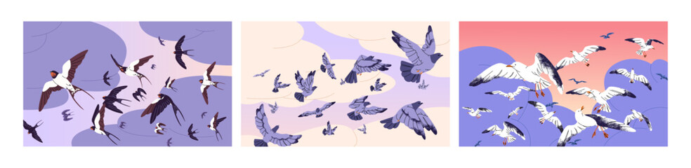 Set of cloudscapes with flying birds. Swallows, seagulls, pigeons fly in spring sky. Flocks of urban doves, gulls, martins flying in the air. Wild feathered animals soaring. Flat vector illustrations.