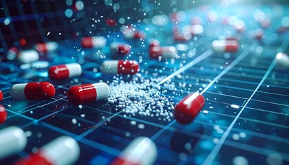 Digital illustration of pills dispersing on a technological grid