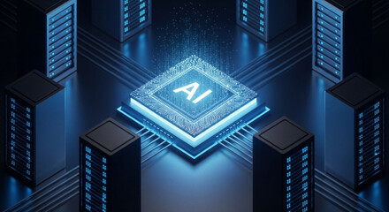 A futuristic AI chip at the center of a server room, symbolizing advanced artificial intelligence and data processing.