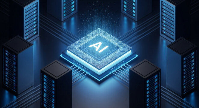 A futuristic AI chip at the center of a server room, symbolizing advanced artificial intelligence and data processing. - Powered by Adobe
