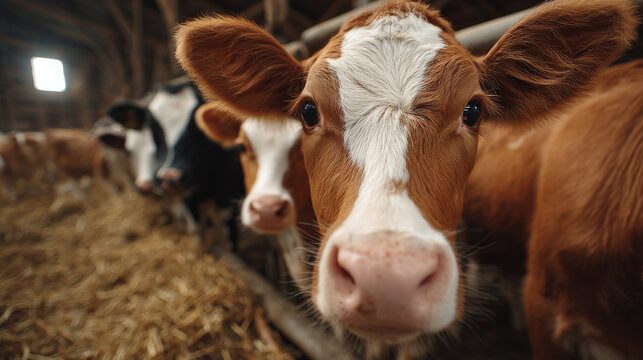 Curious young brown cow and calf looking at camera in farm barn. Livestock animal standing in hay represents agriculture production - Powered by Adobe