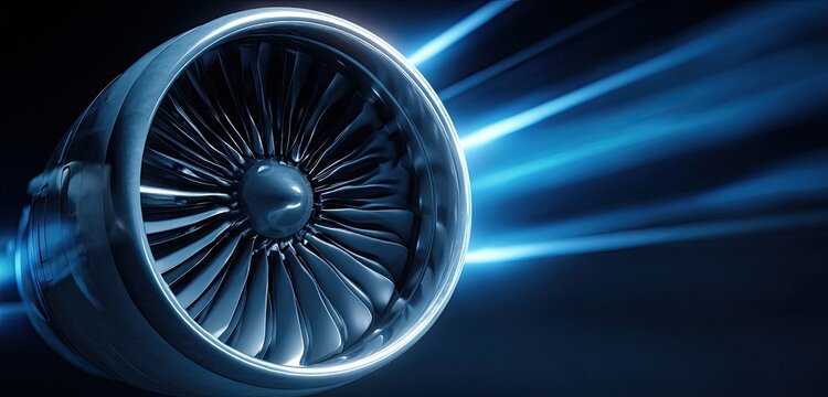Futuristic jet engine with glowing blue lights and dynamic design