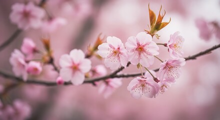 Obraz premium Delicadas flores de cerezo rosadas floreciendo con suave bokeh creando una estética primaveral serena