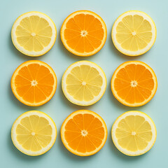 Obraz premium Citrus Fruit Slices Pattern on Blue Background