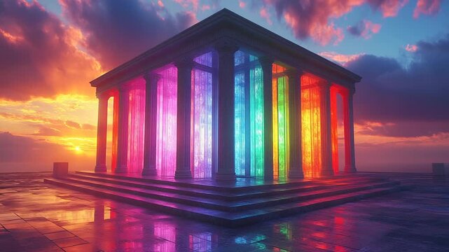 A majestic building with rainbow colored windows at sunset.
