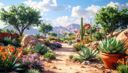 Sunny daytime landscape showcasing diverse desert flora, cacti, and vibrant wildflowers alongside a walking path, framed by a backdrop of majestic mountains under a bright, blue, partly cloudy sky.