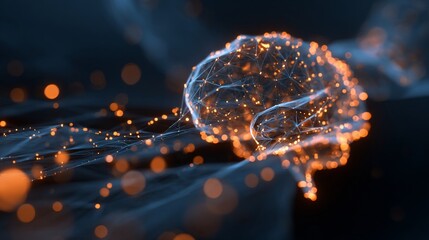 Brain mesh with glowing nodes, connected, surrounded by digital wave forms