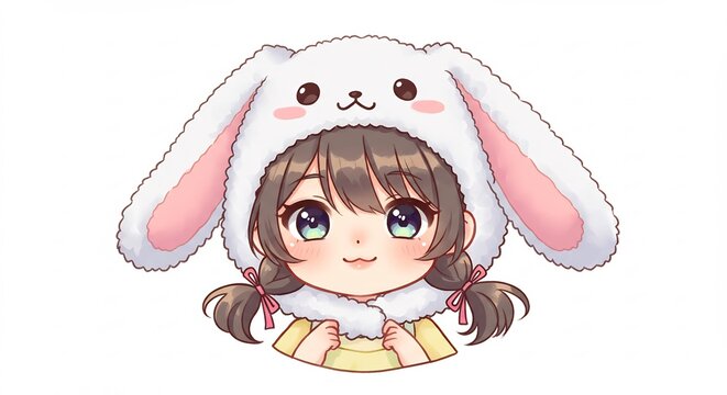 Adorable ni&ntilde;a chibi anime sonr&iacute;e dulcemente con gorro de conejito. Ilustraci&oacute;n digital muy expresiva sobre blanco.