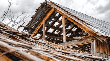 Close-up of a severely damaged old wooden barn roof with exposed beams and corrugated metal, under a cloudy sky.