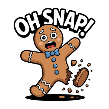 Illustration of gingerbread man saying oh snap with a broken leg