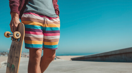 A man is holding a skateboard and wearing colorful shorts