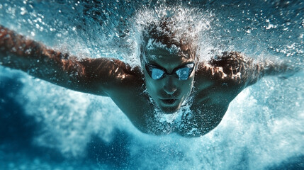 A man is swimming in the water wearing goggles