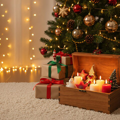 Open wooden box with decorative Christmas candles next to gifts under a Christmas tree (copy space)