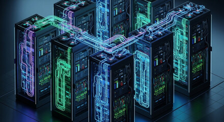 A futuristic server room with glowing blue and green data streams connecting multiple racks of advanced computer hardware.