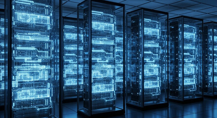 A futuristic data center with rows of glowing blue servers in a dark room, representing advanced technology and digital infrastructure.