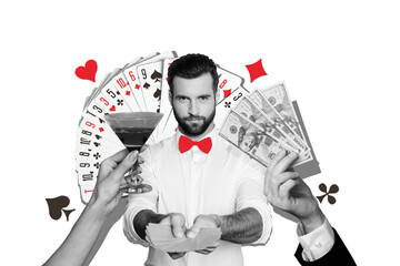 Image sketch collage of handsome man hold card playing poker game winning jackpot isolated on...