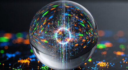 A crystal ball reflecting a complex network of glowing digital data streams and circuits, symbolizing technology and information.