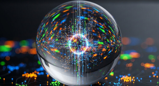 A crystal ball reflecting a complex network of glowing digital data streams and circuits, symbolizing technology and information. - Powered by Adobe