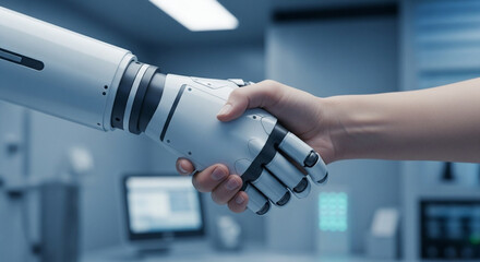 A human hand shakes the robotic hand of a futuristic automaton in a modern laboratory setting, symbolizing collaboration between humans and artificial intelligence.