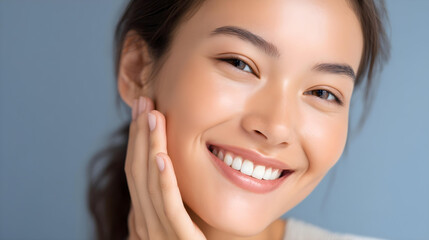 Skin care. asian Woman with beauty face touching healthy facial skin portrait.