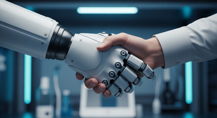 A human hand shakes a robotic hand in a modern laboratory setting, symbolizing the collaboration between humans and artificial intelligence.