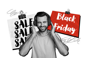 Composite photo collage of happy guy wear headphones listen music sale technology notes discount...