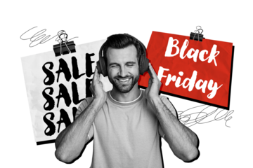 Composite photo collage of happy guy wear headphones listen music sale technology notes discount isolated on painted background