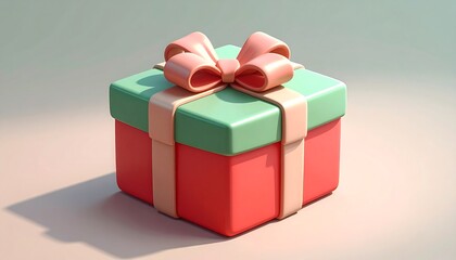 Fototapeta premium A beautifully wrapped gift box with a red base, a mint green lid, and a delicate pink ribbon and bow, presented in a 3D illustration style.