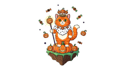 Halloween Regal Cat: A majestic cat adorned with a crown and scepter reigns supreme atop a pumpkin-laden island, embraced by the playful spirit of the season.