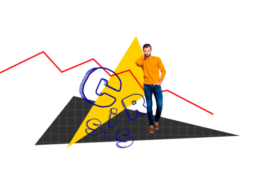 Creative collage picture young man posing model crisis economy downfall inflation devaluation business failure loser drawing background
