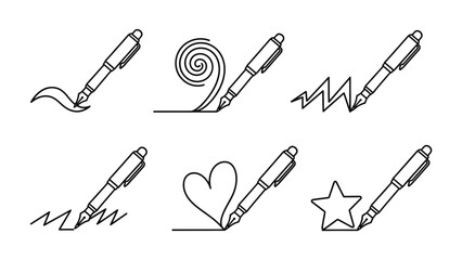 Elegant Pen Designs: This collection showcases a variety of elegant pen illustrations, each demonstrating a unique stroke creating patterns. A versatile design for creative projects.