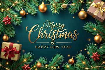 Festive Merry Christmas and Happy New Year greeting with golden ornaments and gifts holiday isolated on a transparent background