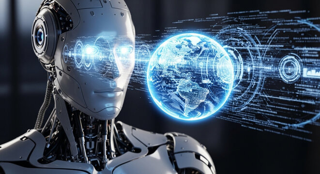 A futuristic humanoid robot with glowing blue eyes, looking at a holographic projection of the Earth, symbolizing advanced artificial intelligence and global connectivity. - Powered by Adobe