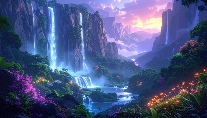 Majestic waterfalls cascade down towering cliffs, creating a vibrant and ethereal landscape filled with lush, blooming flora beneath a colorful, twilight sky, evoking a serene and imaginative...