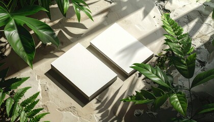 Overhead composition shows two stacks of blank white paper cards amidst lush green foliage and dappled sunlight, casting shadows on a textured, neutral-toned surface, 
