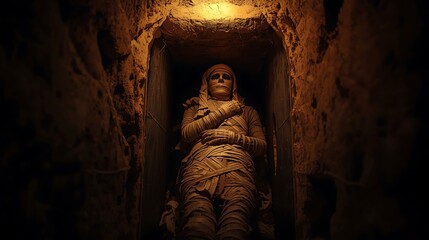 Mummy wrapped in bandages standing in a dark tomb with a light shining from above the doorway entrance